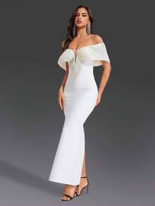 DEIVE TEGER Gaun Wanita Putih Model Bandage, Desain Bahu Terbuka dengan Manik-Manik Kontras Warna, Gaun Malam Formal Bodycon, Cocok untuk Pesta, Tamu Pernikahan, Wisuda, Perjamuan - Putih - View 2