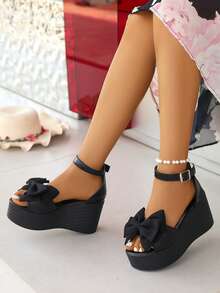 女士加大码时尚蝴蝶结厚底防水坡跟露趾踝带凉鞋，百搭优雅轻便坡跟鞋，适合派对、春夏及旅行必备 - 黑色 - 查看 3