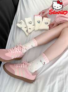 Sanrio 1Pair Sanrio Hello Kitty Mid-Calf Crew Summer Socks Women Socks Flounced Hem Seamless Toe & Breathable Ribbed Texture - Spring/Summer Collegiate Style Socks For School Outfits, Cute Gift With Greeting Card For Birthdays/Valentine's Day
