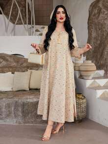 ASBB 重裝飾金色亮片彩色刺繡阿拉伯女式 JALABIYA 連衣裙附帽子，2026年秋季節慶派對度假休閒穿著優雅禮服，沙烏地阿拉伯國慶服飾 - 米色 - 查看 8