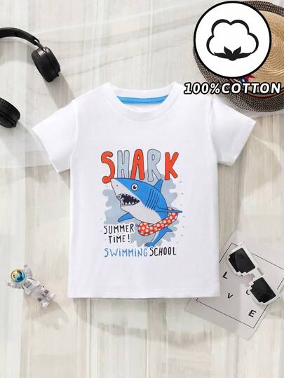 Camiseta de manga corta informal de algodón con estampado de tiburón de dibujos animados para niños pequeños, prenda de vestir de moda para primavera/verano