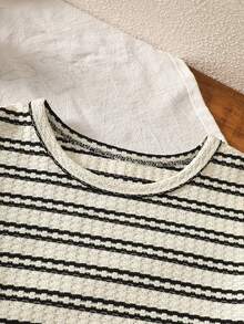 Baby Girl Striped Print Short Sleeve T-Shirt And Black Suspender Jumpsuit Casual Set - Apricot - View 3