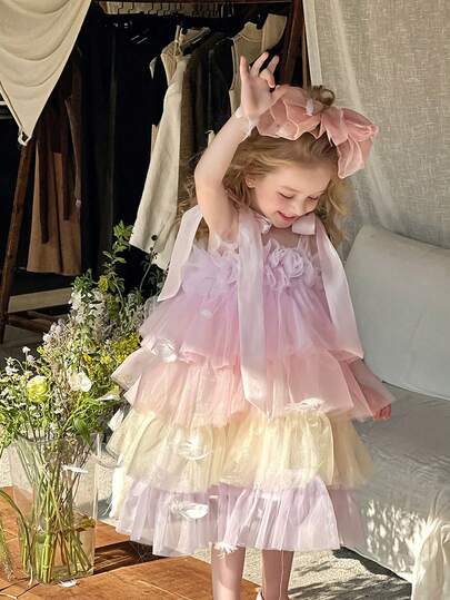 Young Girl Lavender Spaghetti Strap Bow Mesh Graduation Prom Dress, Elegant Princess Ball Gown, Suitable For Girl's Birthday Party, Flower Girl, Wedding, Formal Occasion, Holiday Celebration