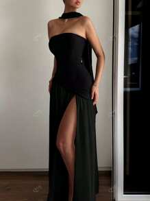 Vestido de noche con fajín de unicolor, minimalista y de moda, adecuado para el verano
