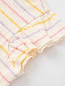 Balabala Baby T-Shirt Girls' Short Sleeve Children's Top 2025 Summer New Striped Tee Sweet Flutter Sleeve - White and Red - View 5