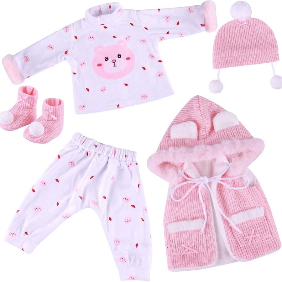 Babeside 5 Pcs Reborn Doll Clothes Set - Winter Accessories With Hats, Socks For 17-22 Inch Dolls, Pink - Hồng - Xem 1