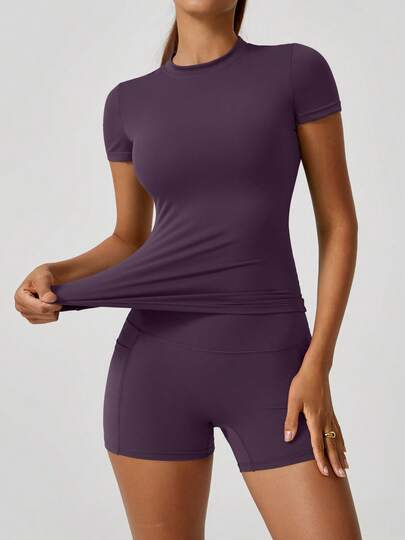 NcmRyu Women's Dance & Casual Sports Fitness Sweet Short Sleeve Butt-Lifting Shorts Activewear Set Summer