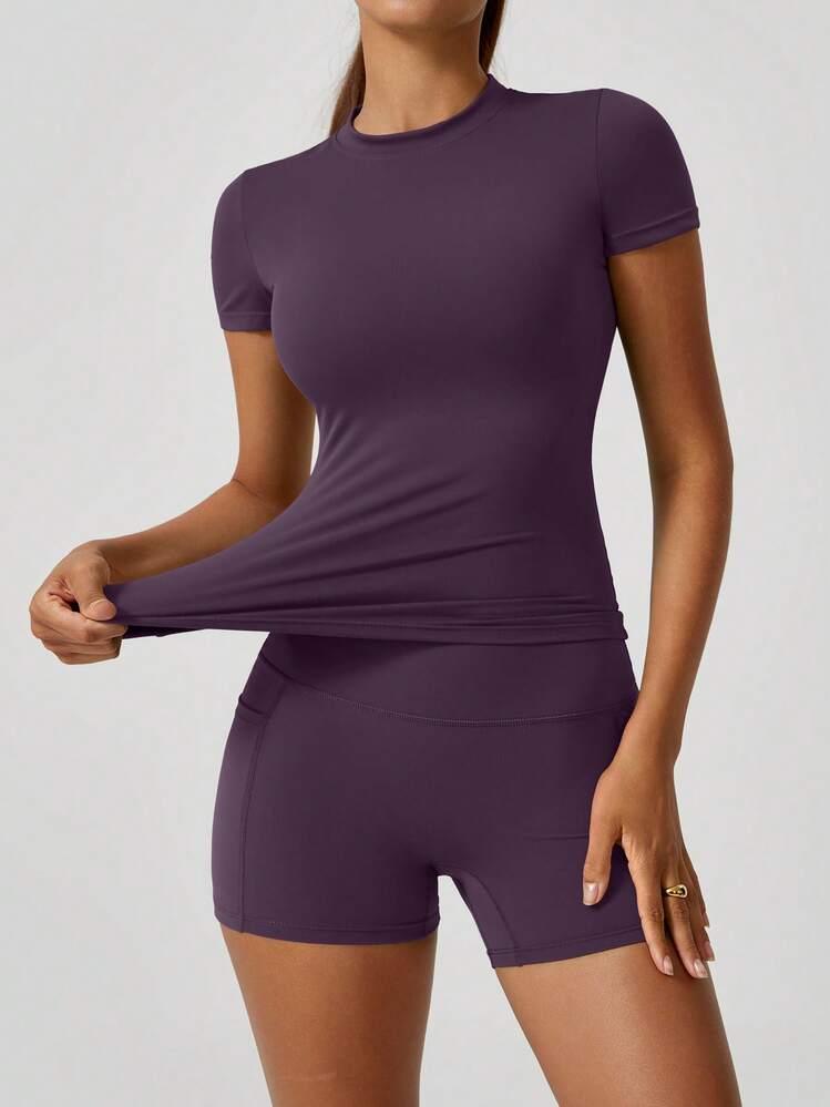 NcmRyu Conjunto de ropa deportiva de verano para mujer, con shorts levantadores de glúteos y camiseta de manga corta para baile y actividades deportivas casuales - Morado - Añade 1