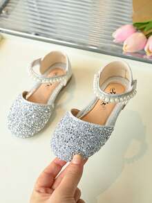 1 Pair Fashionable Versatile Pink Girl's Pearl & Rhinestone Bow Cute Flat Sandals, Round Toe Casual, Dance, Outdoor Wear, Spring & Autumn, Sequin Decor Closed Toe Princess Shoes - Silver - View 1