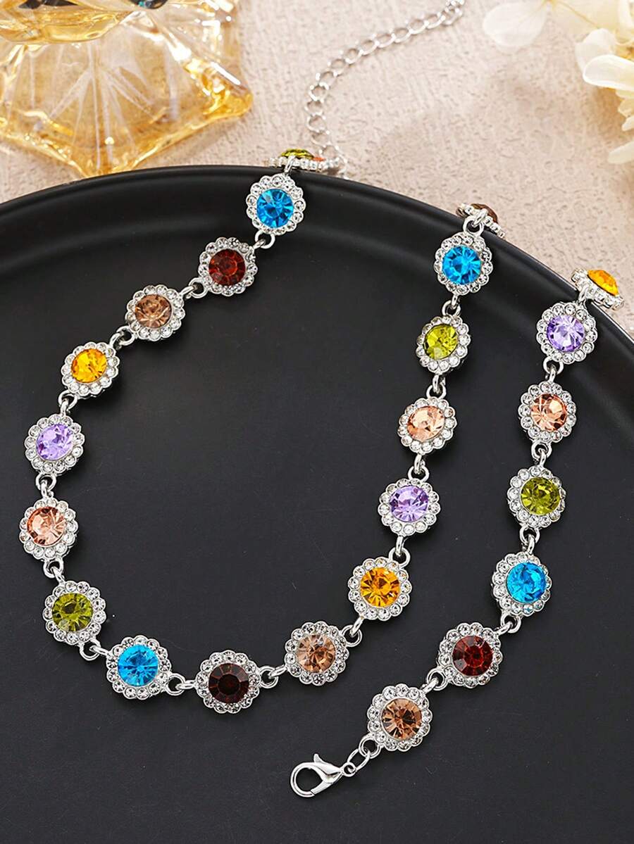 Set de 2 piezas de joyería elegante con rhinestones - Collares, Pulseras - Adecuado para uso diario de mujeres, bodas, fiestas, etc. - Multicolor - 2 piezas - Ver 1