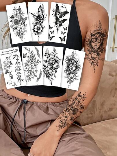 7pcs Washable Black Sketch Butterfly, Willow, Temporary Tattoos, Waterproof, Sweatproof, Scratchproof, Convenient For Women To Use For Parties And Daily Life, Can Be Applied To Abdomen, Thighs, Collarbone, Back And Other Areas, Temporary Fake Tattoos