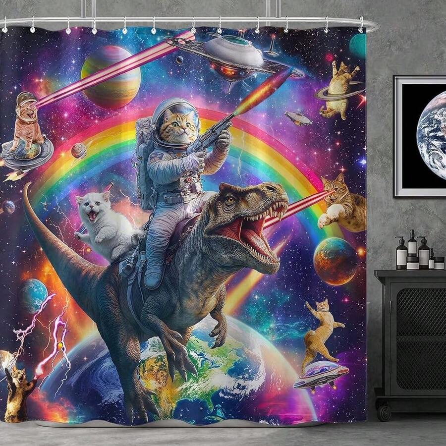 New Fowocu Funny Cat Dinosaur Shower Curtain Fun Cool Colorful Space Cats Shower Curtains For Bathroom Fantasy Galaxy Universe Anime Kids Waterproof Fabric Bath Curtain Dr 72 X 72 Inch - 紫色 72 英吋寬 x 72 英吋長(1 包) - 查看 1