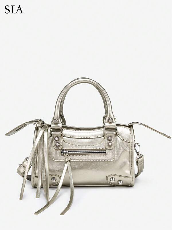 1pc Women's Retro Y2K Biker Punk Hippie Rivet Decor Multi-Pocket Artificial Oilwax Cracked Leather Biker Handbag, Suitable For Going Out, Dating, Party