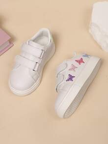 Kids Butterfly Embroidered Anti-Slip Soft Bottom Hook And Loop Casual Sports Shoes, Suitable For Students All Season - White - View 3