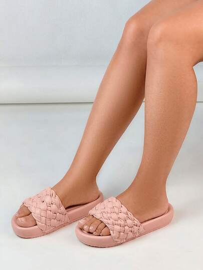 Simple Fashionable Solid Color Striped Rhombus Pattern Casual Thick Sole Woven Slippers