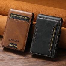 Cartera de hombre SUTENI de piel sintética con porta tarjetas. Cartera con tapa, ranuras para tarjetas y botón para expulsar las tarjetas automáticamente. Regalo ideal para hombres, familiares, amigos y personas mayores. Color negro/marrón - Marrón - Ver 2