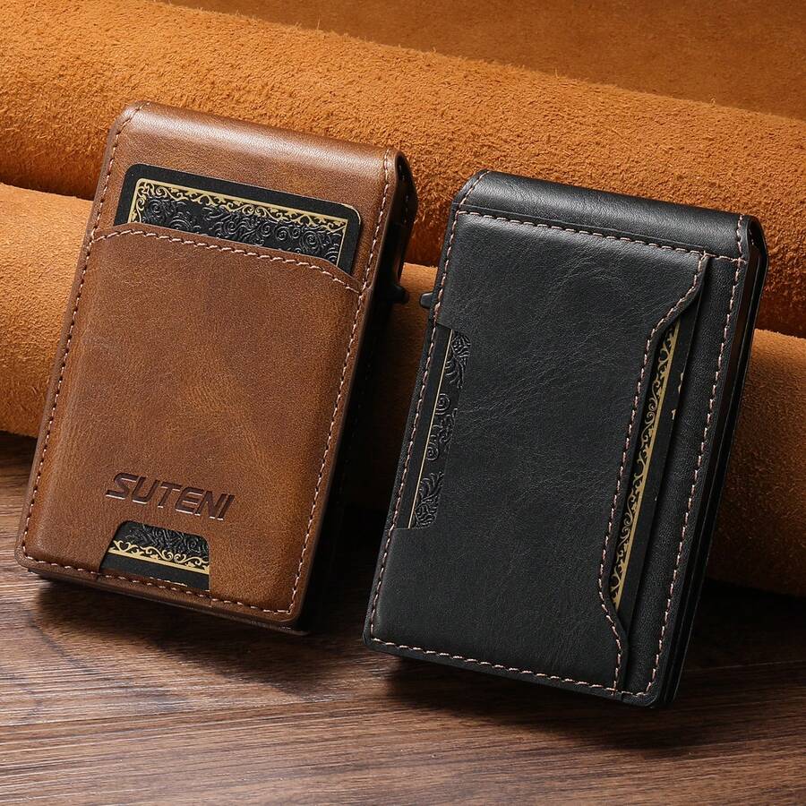 Cartera de hombre SUTENI de piel sintética con porta tarjetas. Cartera con tapa, ranuras para tarjetas y botón para expulsar las tarjetas automáticamente. Regalo ideal para hombres, familiares, amigos y personas mayores. Color negro/marrón