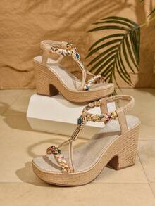 Sandalias de mujer estilo bohemio con decoración de imitación de rhinestone, suela de imitación de cuerda, cuña de fondo grueso. Tacón de una pieza de moda para primavera/verano, sandalias de señora de estilo resort con fondo grueso. Adecuado para uso diario, fiestas, vacaciones, asistir a reuniones, banquetes, bodas, desfiles de moda. Se puede combinar con camisolas, camisetas, camisas, bikinis, faldas, vestidos, pantalones cortos. Artículo de viaje esencial - Caqui - Ver 7