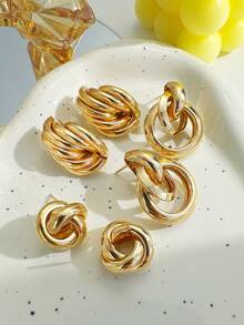 17KM Set 6 buah Anting Hoop Bulat Minimalis dengan Desain Putar, Aksesori Modis Serbaguna untuk Pesta, Kencan, Hadiah, dan Pemakaian Sehari-hari - Yellow Gold - View 3