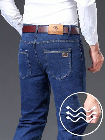 Jeans elásticos de otoño/invierno cómodos para hombres, pantalones vaqueros de negocios casuales de ajuste slim en negro, jeans de ajuste relajado en azul para el trabajo y los viajes
