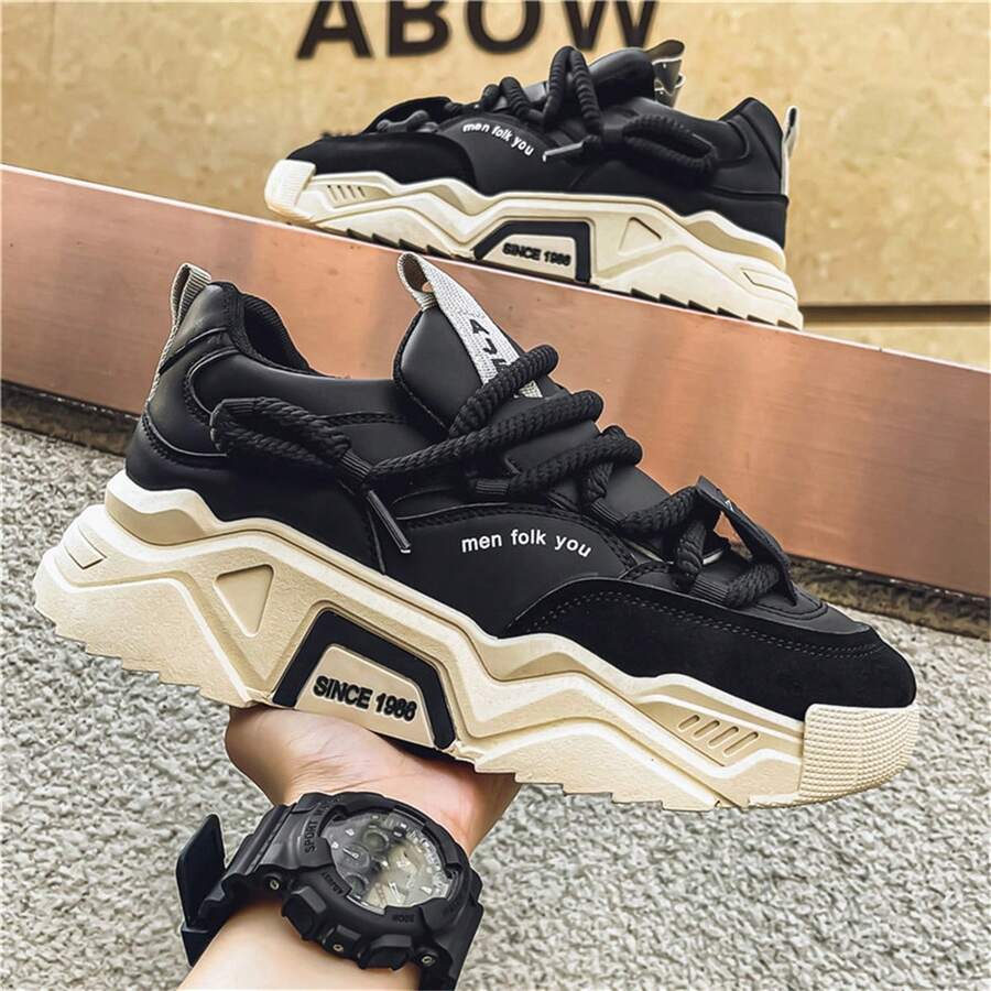 New Thick Sole Elevated Chunky Sneakers For Men, Fashionable Casual Outdoor Non-Slip Durable Lace-Up Shoes, Lightweight Comfortable Versatile Sporty Sneakers - Black - View 1