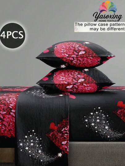 4件套黑色爱心蝴蝶花卉图案床上用品套装，包含1个床笠、1个床单和2个枕套（不含枕芯）。这款奢华床笠套装适用于单人床、双人床、大号床和特大号床，深口袋设计，最大可达11.8英寸。柔软透气，抗皱，提升睡眠质量，尽显奢华酒店风范。是馈赠父母和朋友的理想之选。