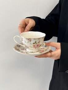 Cabin Kangaroo 1 Set de taza y platillo de cerámica para café, estilo rural de flores primaverales, material de cerámica fina con líneas doradas, diseño elegante, patrón de flores primaverales, perfecto para el té de la tarde, regalo de inauguración de casa o boda - Multicolor - Ver 7