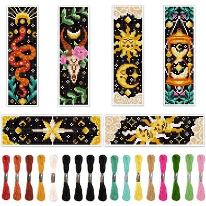 6pcs Mysterious Tarot Divination Theme Cross Stitch Bookmark DIY Handcraft Kit - Includes Cross Stitch Fabric With Star & Moon Patterns, Sufficient Embroidery Threads, Tools And English Instructions - Suitable For Sewing Lovers And Beginners - Can Be Used As Home Decor And Book Marks