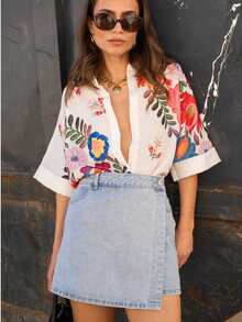 Camisa de mujer de manga corta con estampado floral y ajuste holgado, adecuada para vacaciones, uso diario, casual, primavera/verano, color blanco - Blanco - Ver 5