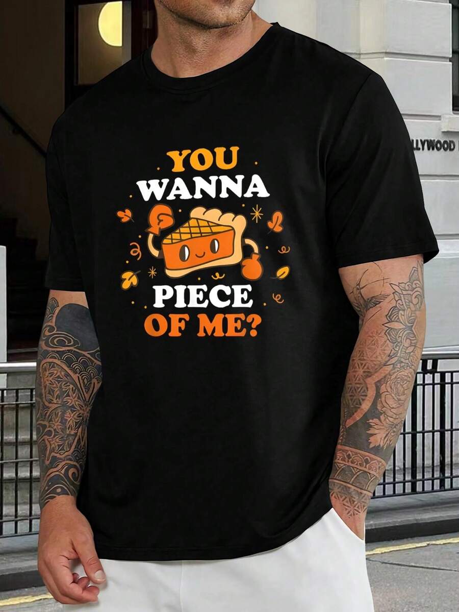 Camiseta divertida de Acción de Gracias con estampado de pastel de calabaza "¿Quieres un pedazo de mí?" - Linda camiseta gráfica de otoño para familia, mujeres y hombres - Ropa festiva de moda para Acción de Gracias, atuendo informal de manga corta - Negro - Ver 1
