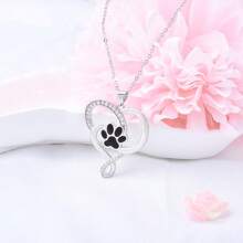 Adjustable Cubic Zirconia Heart & Dog Paw Design Necklace, Allergy-Free Ladies Cute Animal Pendant Necklace Birthday Gift