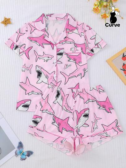 2pcs/Set Women Plus Size Cute Shark Print Pajama Set, Pink Base Button Down Short Sleeve Shirt Top And Elastic Waist Shorts, Beautiful Fashionable Everyday Outfit, Holiday Sleepwear Party Costume, Cozy Casual Home Loungewear
