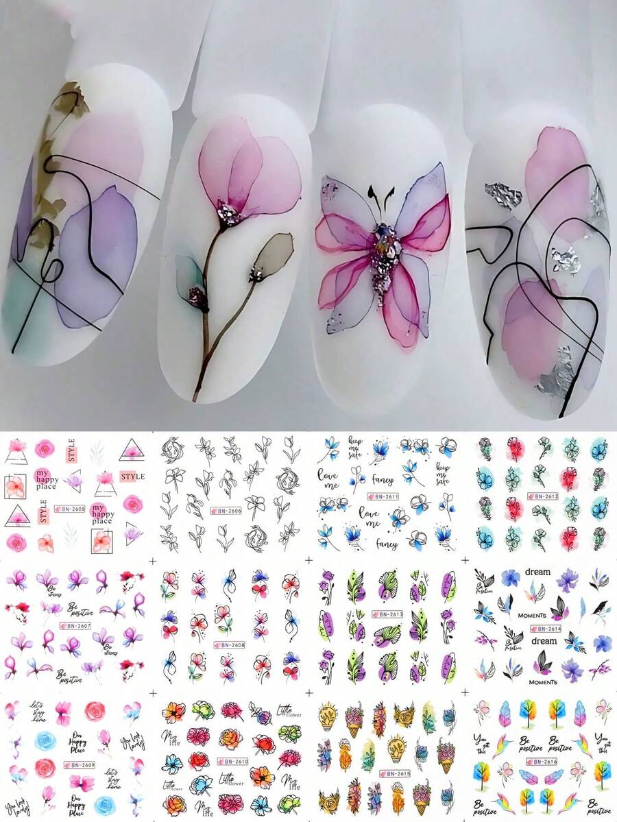 12片/套盛开花朵美甲贴纸,夏季水转印美甲贴花,叶子涂鸦,婚礼美甲装饰,美甲箔纸贴 - 彩色 - 查看 1