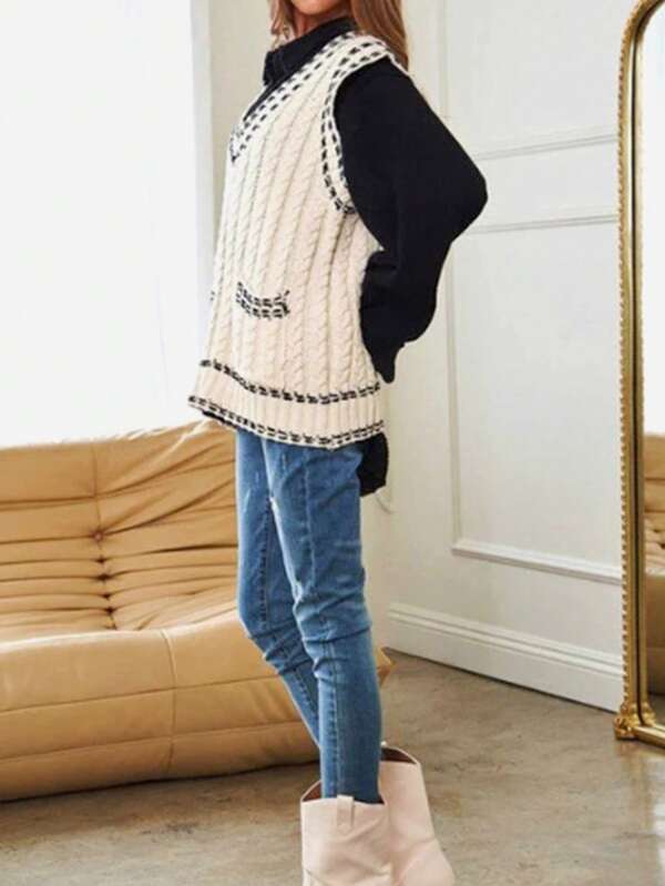 Pull sans manches à col en V tricoté pour femmes, avec détail de torsion bicolore, décontracté et confortable, pour le printemps et l'automne