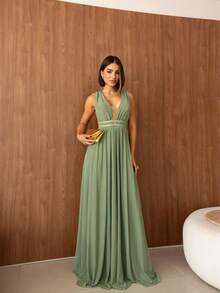 Long Party Dress Wedding Bridesmaid Tulle Without Shine - Olive Green - View 1