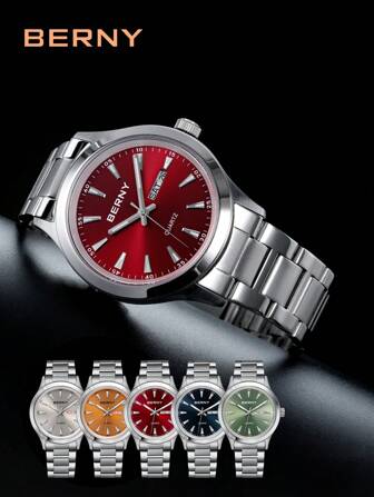 BERNY A Men's Stainless Steel Strap Casual Business Watch With Luminous Hands,30 Meter Water Resistant,Calendar Day Function Quartz Watch For Daily Decoration.
