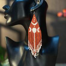 AHAYA 复古波西米亚风流苏吊坠耳环，手工制作，棕色种子珠和白色装饰，适合时尚女性日常佩戴，是情人节和母亲节的完美礼物 - 咖啡棕 - 查看 2