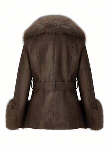 Giolshon 女士常规款人造毛皮大衣 - 秋冬季休闲外套，配有腰带，适合各种场合 - 咖啡棕 - 查看 8