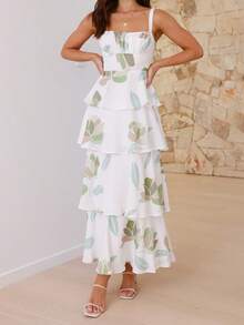 Women Long Dress Floral Print Sleeveless Cami Dress Summer Tie-Up Back Ruffles Dress - 綠色 - 查看 3