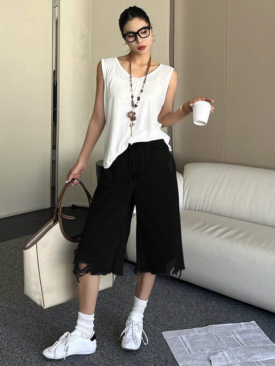 Women's Distressed Asymmetrical Hem Denim Capri Shorts - Black - View 1