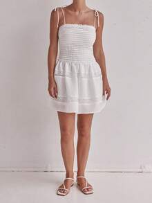 Women's Graduation Slip Dress Sheer Lace Patchwork Sleeveless Tie Spaghetti Strap Backless Mini Dress - White - View 1