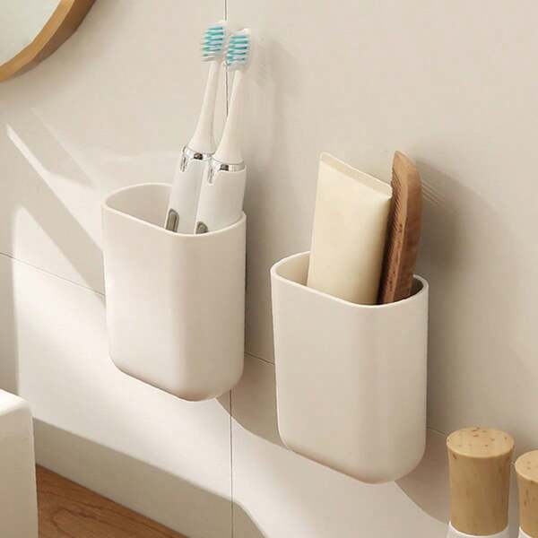 1PC Wall Mounted Bathroom Storage Set - Plastic Toothbrush And Toothpaste Rack With Drainage, No Power Required - Perfect For Bathroom And Kitchen!