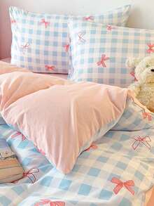 2/3pcs Pink Bow, Blue Plaid Bedding Set, Suitable For Students, Super Soft, Sweet & Cute, Brushed Duvet Cover & Pillowcase Set, Spring/Summer, Available In Twin/Queen/King Size