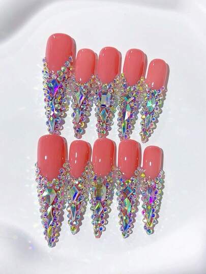 10pcs Y2K Extra Long Nude Luxury Diamond Stiletto French Handmade Nails; Improve Temperament; Nail Supplies, Homemade Nails, DIY Press On Nails, Nail Art, Acrylic False Nails; Suitable For Party, Daily Wear, Wedding; Great Gift For Women & Girls; Includes 1Sheet Jelly Glue & 1pc Mini File