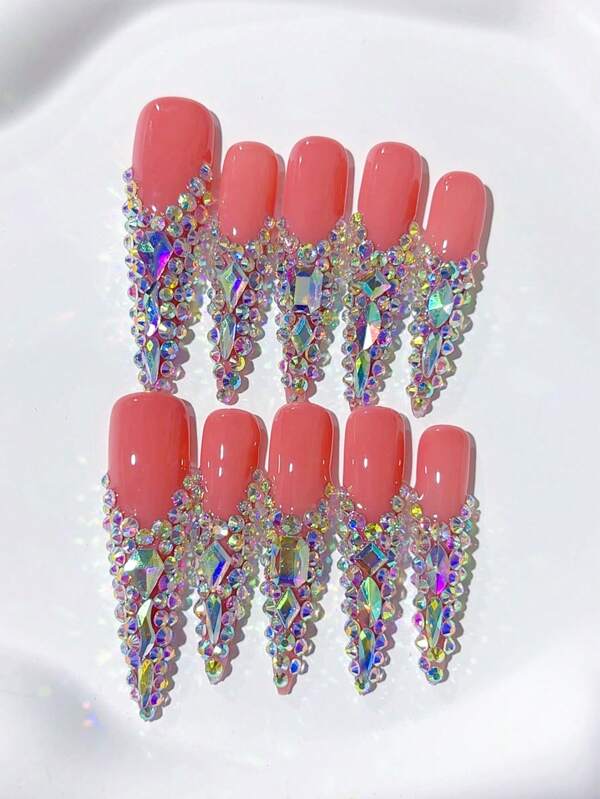 10 peças Y2K Extra Long Nude Luxo Diamante Stiletto Unhas Francesas Feitas à Mão; Melhora o temperamento; Unhas Caseiras DIY Press On Nails Nail Art Unhas Postiças de Acrílico; Adequado para feriados, festas, uso diário; Inclui 1 folha de cola gelatinosa e 1 mini lixa