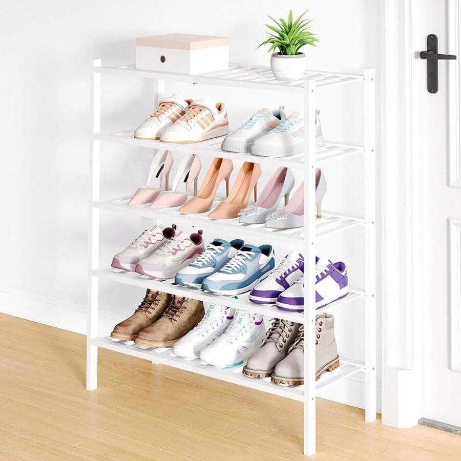 Organizador de zapatos de 3 niveles, estantería de almacenamiento de zapatos de pie de madera apilable, para entrada, puerta principal, color natural - Blanco - Ver 1