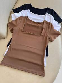 Kit 3 Basic Suplex Blouses, Square Neckline, Short Sleeve, Lined - 棕色/白色/黑色 - 查看 1