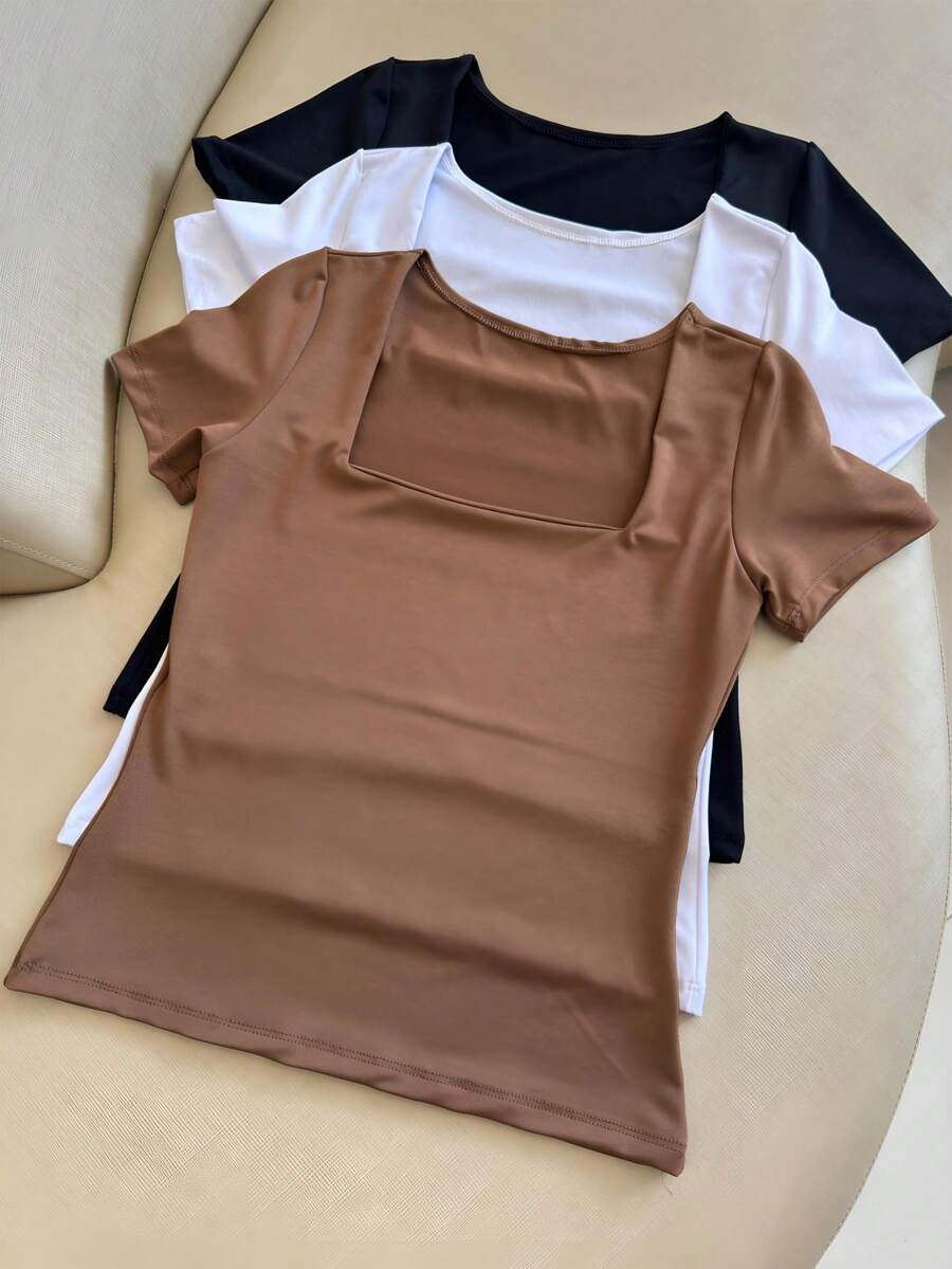 Kit 3 Basic Suplex Blouses, Square Neckline, Short Sleeve, Lined - 棕色/白色/黑色 - 查看 1