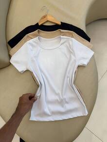 Kit 3 Women's Ribbed Blouses Baby Tee Basic Short Sleeve Babylook Colors  2025 - Beige/Black/White - View 3
