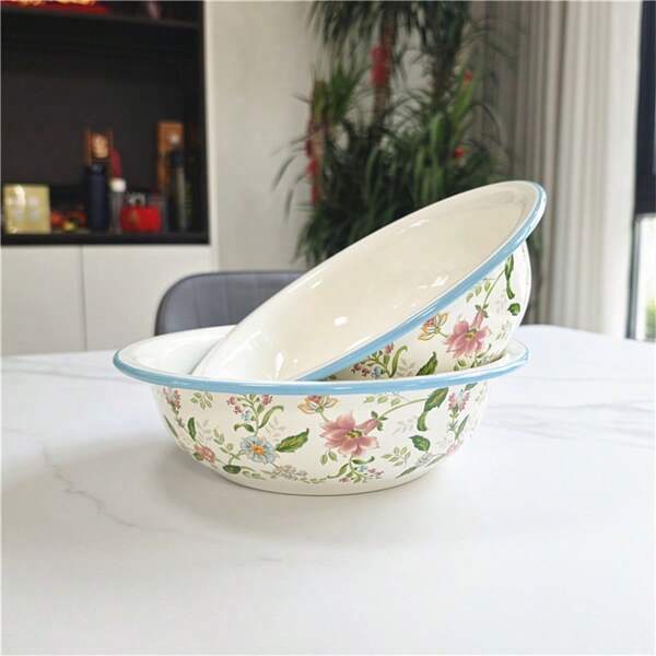 1pc Fragrant Flower Enamel Bowl, 24-28cm Enamel Basin For Serving Food, Kneading, And Salad Mixing,School Supplies